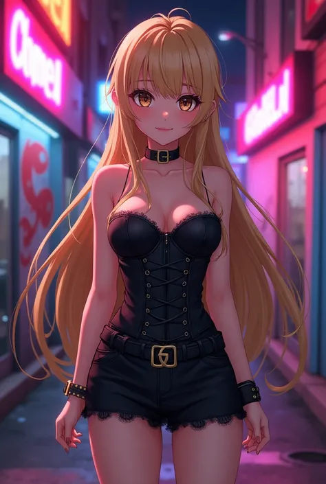 Anime model, woman, blonde, long hair with bangs, white, with dark brown eyes, thin, medium breasts, not much thigh, Black mini skirt, black corset, shocker at the neck 