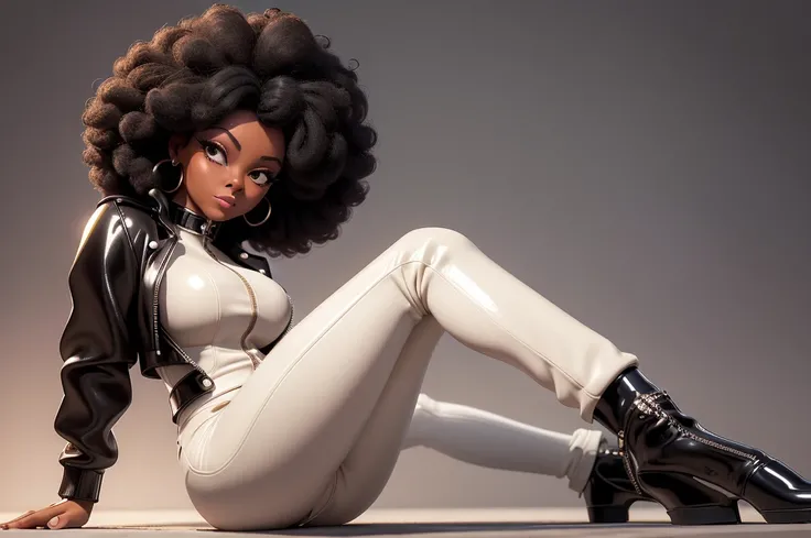 obra prima, melhor qualidade, ((only one woman,)) ((diana ross, dark black skin, afro style hair,)) erect cone tits, ((wearing shiny cream leather biker moto jacket,)) ((jacket has padded shoulders, jacket has stiff high collar,)) (((wearing shiny cream le...