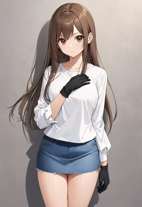 mini skirt , Denim skirt , Black sneakers ,whole body , thighs , brown hair , brown eyes , straight hair , bare legs , face , Black gloves , White shirt , long sleeves , standing posture , close up