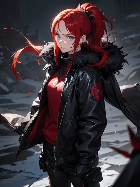 1 person,Redhead,,blue eyes, Target your audience, Angry expression,Wearing a black fur jacket, Medium Hair,ponytail, Are standing,that&#39;it&#39;s snowing, Strong winds, Arctic Circle, Whthate T-shirt, Black long pants