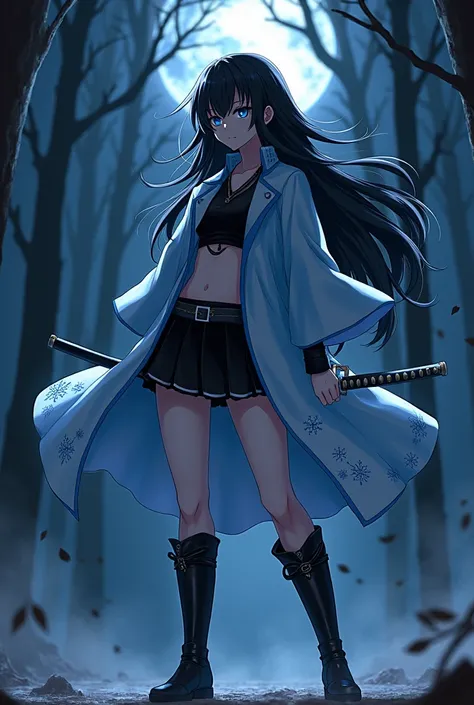 female character, long black hair, Dark blue eyes, pale white skin almost, he wears the typical Demon Slayer Corps jacket that is black with white borders, a black skirt, he wears a white belt on his waist, where his nichirin sword hangs, he wears sturdy b...