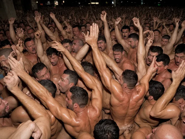 Extremely cramped world when all humans are unlimited, male and gay, crowd of nude, extremely hot, sexy, big muscle, extremely buff, big ass, extremely sweaty, and masculine body builder men with extremely bad odor, really bad mouth breath, extremely smell...