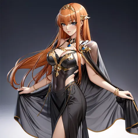 ((Highest quality)), ((masterpiece)), (detailed), （Perfect Face）、The woman is Maya Cordelia, with medium-long orange hair, wearing a black outfit with gorgeous gold embroidery and trim, a black transparent cape, and gorgeous accessories.