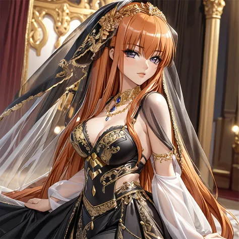 ((Highest quality)), ((masterpiece)), (detailed), （Perfect Face）、The woman is Maya Cordelia, with semi-long orange hair, wearing a luxurious black mermaid-line wedding dress with ornate gold embroidery and trim, and a black wedding veil, also adorned with ...