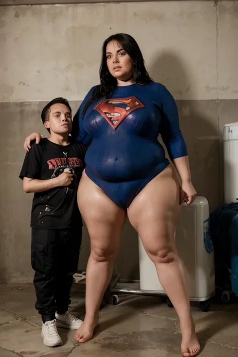 bbw superheroine is drugged and paralyzed next to a small man, full body, mature bbw, submissive and exhausted, urinated vagina, wet and dirty clothes, bbw superheroine