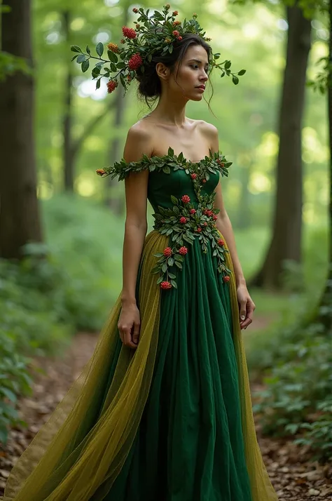 Long dress with a strapless green top and brown skirt simulating a tree trunk with tree leaves on the top of the top 