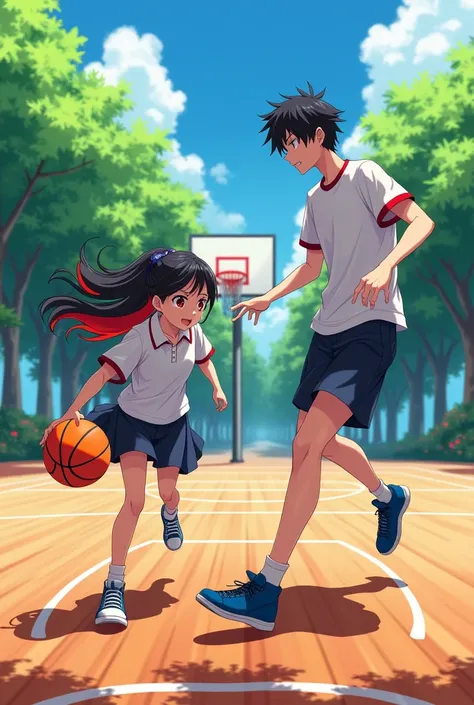 Girl with black hair and a red streak, heterochromatic eyes one red and one orange, wearing a skirt and shirt, Playing basketball with Daiki Aomine 