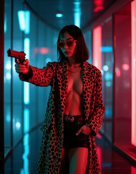 cinematic photography of a skinny beautiful Korea sensual actress Bae Doona standing sexy in a futuristic dark glass wall room with wearing a very very open leopard coat and pointing a pistol, Bae Doona realistic face, very beautiful face, wearing a red ra...