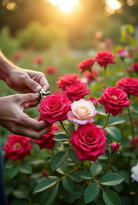 Create a garden where focus is on rose with thrones and someones hands are cutting the thrones 