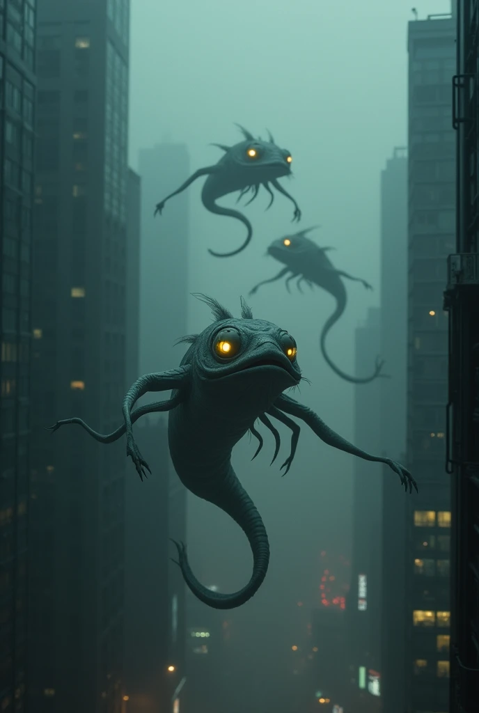 Creatures with smoke-gray serpentine bodies and lampfish faces with bright yellow eyes floating in a dark city with a cloudy sky. 