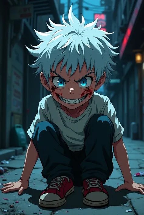 Make a boy with white hair and a malicious, uncontrolled expression with red marks on his face..
anime styling