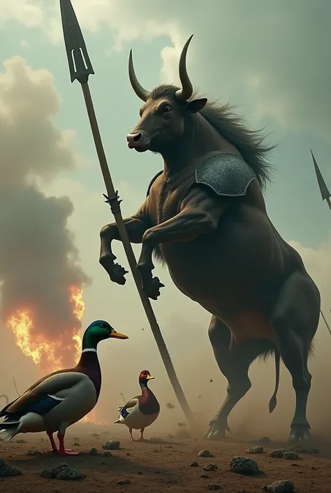 a giant bull stabbing a giant duck and buckeye in the head with a battle field background
