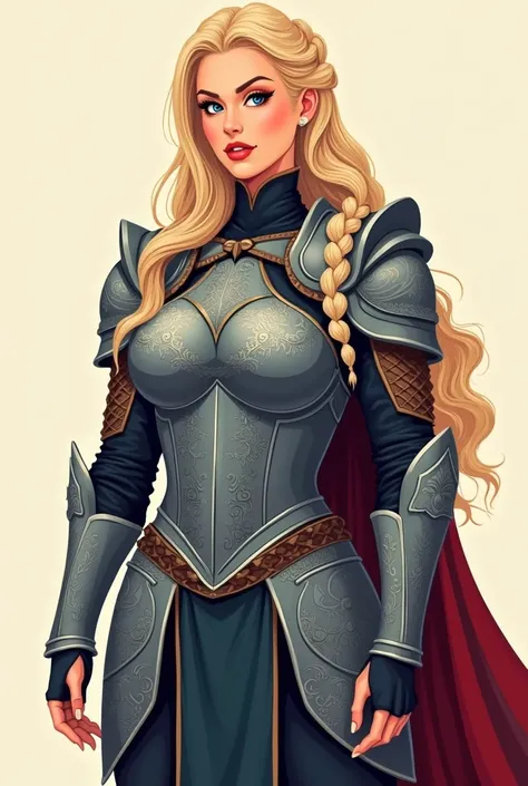 flat vector logo of a sexy voluptuous valkyrie, she is 38 years old. She is wearing sexy armor which is elegantly engraved with viking runes. She is blond, the hair on the rightside of her head is braided. full-body shot. semi realistic style