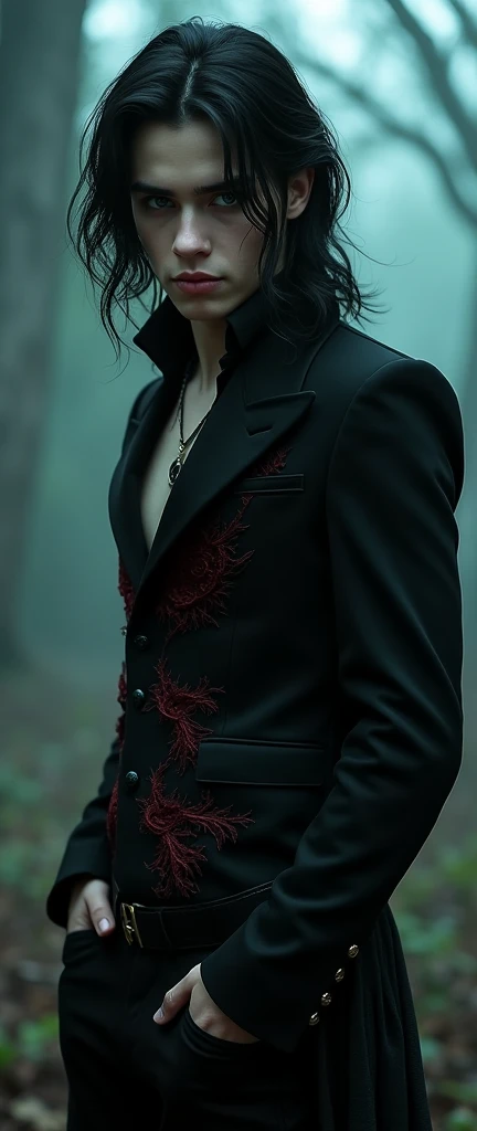 A sexy young male, with long black hair, teal blue eyes, long eyelashes, and delicate and pretty, handsome features. Dressed in all gothic clothes. (No facial or body hair) seductive, pretty. The overall look is very erotic. His skin is pale and white. (((...