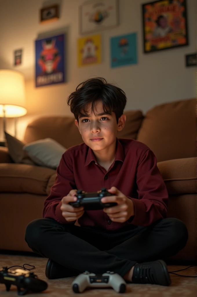 There is a brown sofa and a Indian boy with a fair skin with pimples on cheeks sit on the right side of the sofa with a gaming console. He is wearing a marron shirt with a black trousers. He is concentrated to the game. His face is almost similar to cillia...