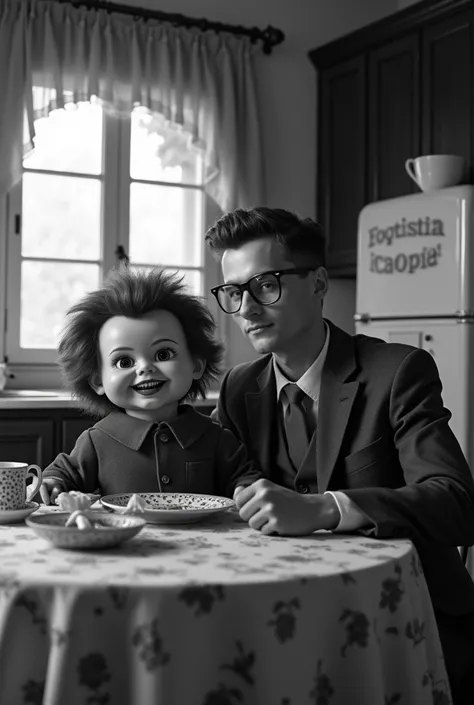 Create a black and white image with an antique tone, showing a young American man of 18 years old wearing round glasses with clear lenses, dressed in a suit, and a mysterious figure with a face similar to the &#39;Slappy&#39; doll. Both are smiling as they...