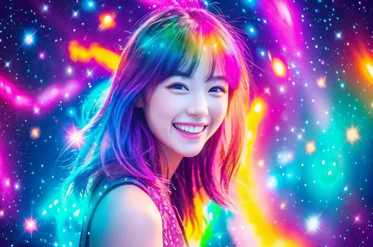 Highest quality　masterpiece　Super cute girl smiles at the sight of a vibrant galaxy　Photo style　colorful　Real　dramatic