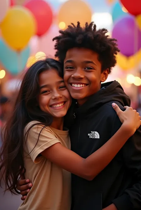 Disney Two teenagers hugging, a girl with long, dark black hair, brunette smiling with dimples and pretty brown eyes and wearing a beige t-shirt. A light-skinned boy with a pretty smile and very dark brown hair, slightly large eyes with a black Disney The ...