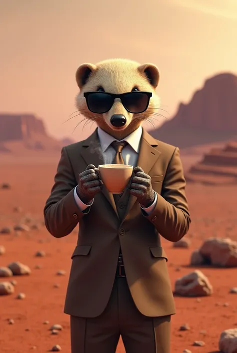 Honey badger wear brown suit with dark eye shades with maximum steeze in mars holding a cup of tea or coffee 