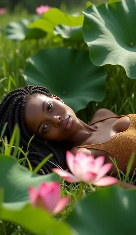 a beautiful african american woman. she is lying in a field on her side. plants like monstera, israeli rucus, sago palm, and banana leaf envelopes her.  lotus flowers are around her. her eyes are looking kind. she has long braids. her hands rest softly. he...