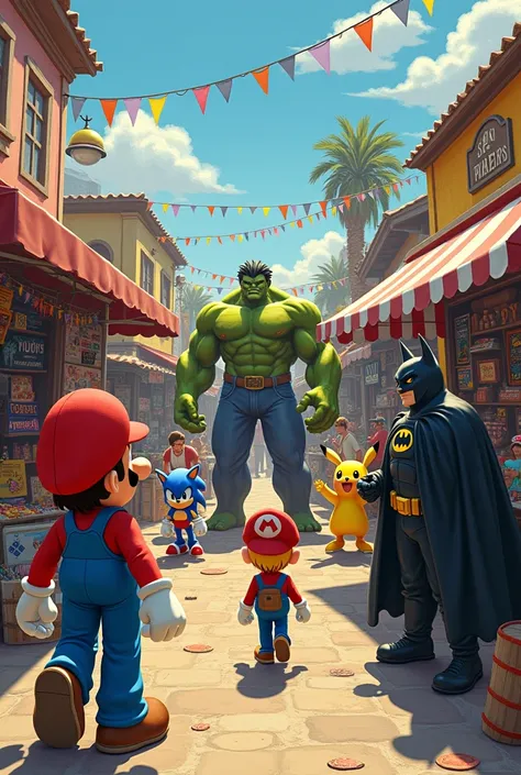 Super Mario, ein super Sajajin, Sonic , Hulk  Pikachu, Batman at the flea market 