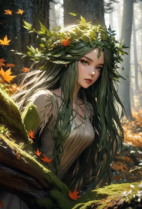 the dryads, tall, graceful and beautiful humanoid creatures of the forest, with their beautiful mixed human-plant appearance, delicate light green face and skin with a rough texture, detailed amber-green eyes, dark green lips, dreadlock hair of green vine,...