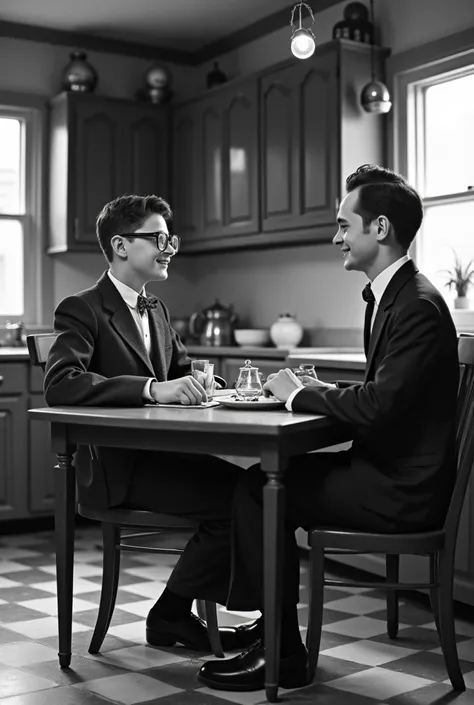 Generate a vintage style black and white image, showing a young American man of 18 years old wearing round glasses with clear lenses, dressed in a suit, and a mysterious figure with a face similar to the &#39;Slappy&#39; doll. They are both smiling and sit...