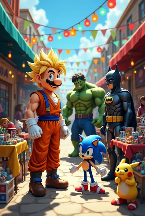 Super Mario, ein super Sajajin, Sonic , Hulk  Pikachu, Batman at the flea market 