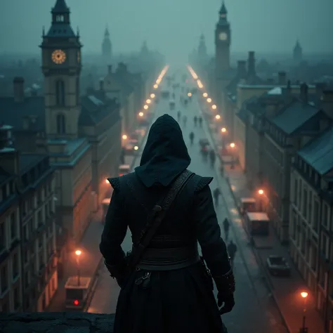 (((top down point of view))) hooded mercenary watches from the rooftops the citizen passing by. Set in Victorian London. Masterpiece, ultra detailed, red flares, 35mm cannon camera, intricate hyper realistic. fogs. night time. assassins creed. victorian er...