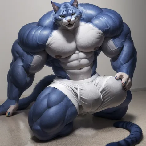 furry growth, big Bulge, smiling, hyper growth, hyper muscles, a cat, blue, cute cat, shirtless, white shorts, muscular, on a gray background Fallen on the floor