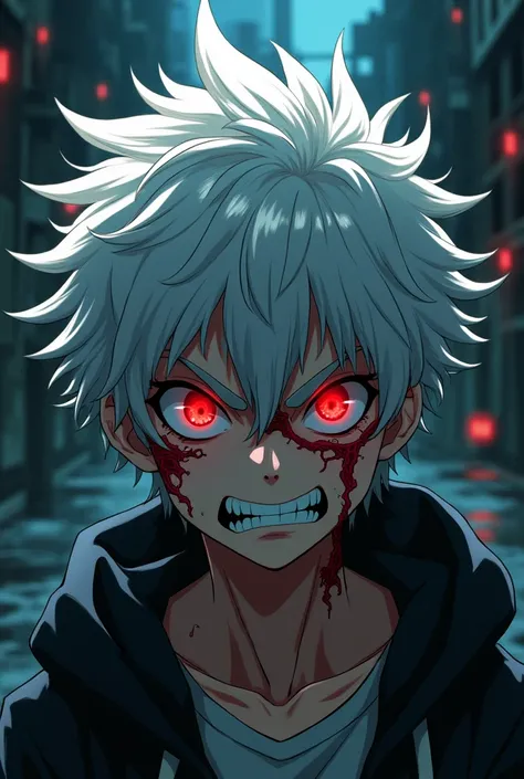 Make a white-haired teenager with red eyes, a malicious and uncontrolled expression, and red marks on his face..
anime styling