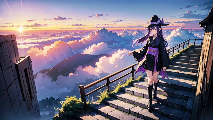 A girl with long violet-purple hair. A kind, full smile. Pointy elf ears. Her clothes are simple: a black robe with wide sleeves and a black miniskirt. Her knees are showing. There is a V-shaped white insert in the front, like a kimono. A witchs hat with p...