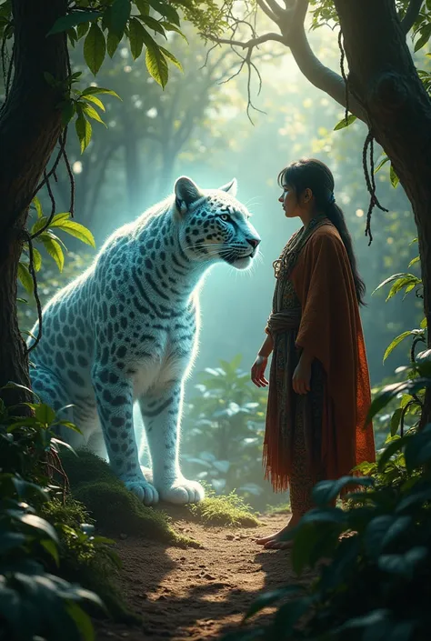 Create an image depicting a jaguar, a mystical animal with a more ancestral form from the Inca era, speaking to the quipucamayoc. The quipucamayoc should be a young man of about 27 years old, not a woman. The jaguar should appear transparent, as if it were...