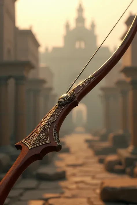 Draw a magical weapon which is a Roman Bow, with details in golden Roman symbols. In the blurred background a Roman kingdom. 8k, epic