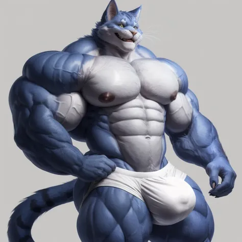 furry growth, big Bulge, smiling, hyper growth, hyper muscles, a cat, blue, cute cat, shirtless, white shorts, muscular, on a gray background, with the hand on the bump