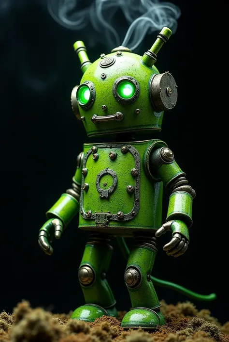 A tin head (robo) made of marijuana with a black background