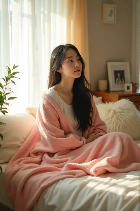 A beautiful 20-year-old ((Japanese)) woman siting back with her hands under blankets between her legs, in her bedroom on her bed