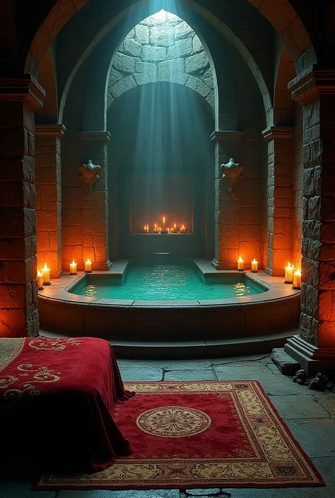 Elaborate Demonic castle pleasure room that serves as magical prison, bedroom, with a large bath in the middle, as well as a plush bed off to the side