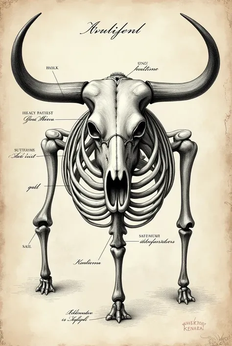 Create a model of a bull&#39;s skeleton in a black and white hand drawn style 