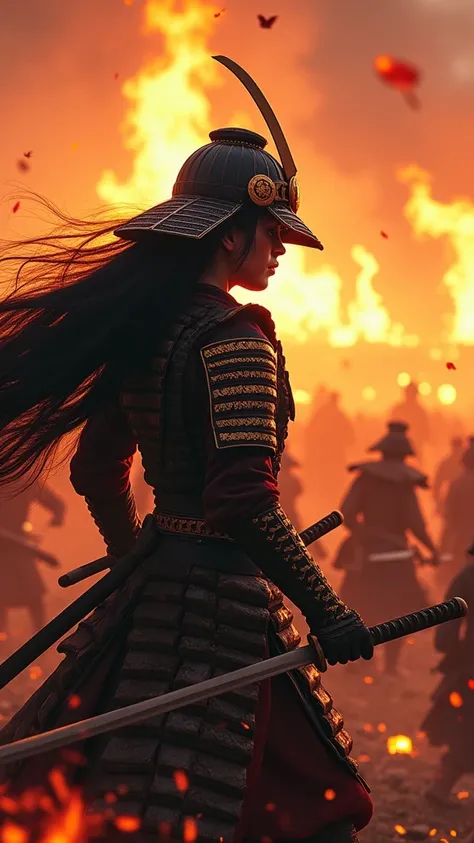 Japan Female Samurai、Female warriors of the Sengoku period、Wearing a helmet、Scene of fierce fighting、There are many people fighting around、Flames are rising all around、Sense of presence。Real、Genuine、２５age、Black Hair