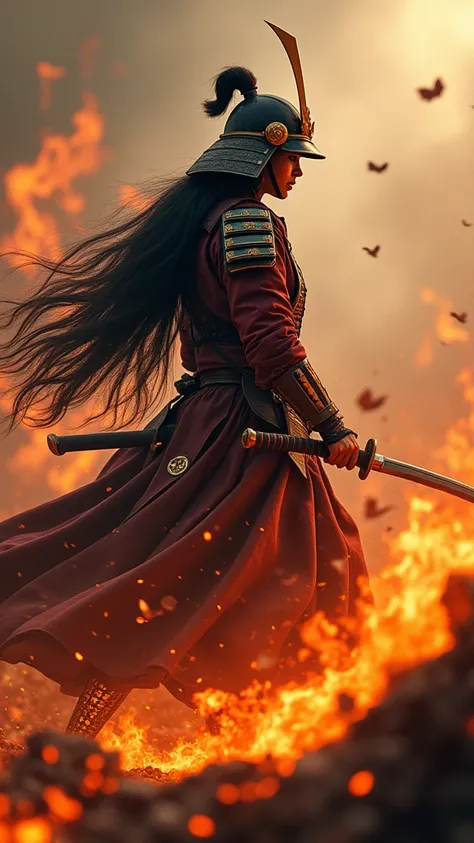 Japan Female Samurai、Female warriors of the Sengoku period、Wearing a helmet、Scene of fierce fighting、There are many people fighting around、Flames are rising all around、Sense of presence。Real、Genuine、２５age、Black Hair