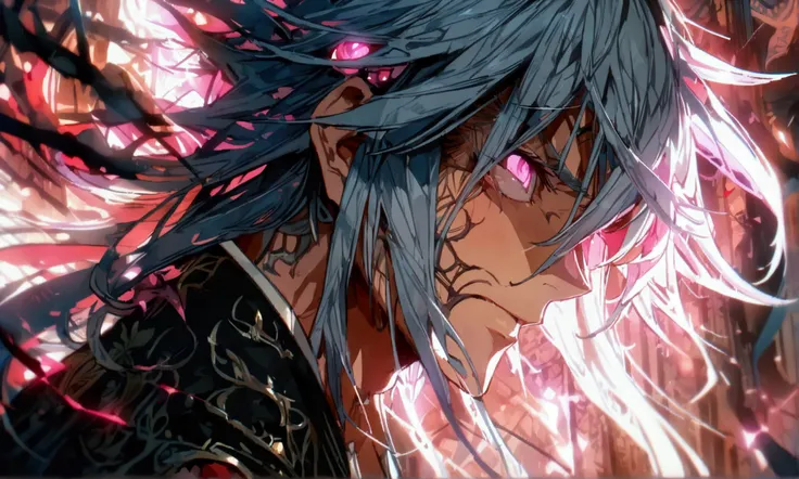 Man, long gray hair with pink highlights, clothes with a heart drawn on them, pink eyes, angry expression, ((Intricate anime character design inspired by Nanatsu no Taizai)), ((Stunning lighting)), ((Fine lines)), ((Stunning focus)), ((Stunning face)), ((D...