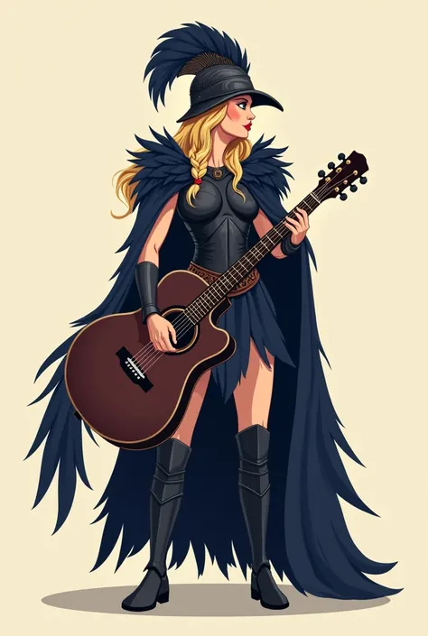 flat vector logo of a (((valkyrie))), she is 38 years old. She weares a valkeryie helmet and cape made out of raven feathers. She is blond, the hair on the rightside of her head is braided. She is holding a guitar in her left hand  (((full-body shot))). se...