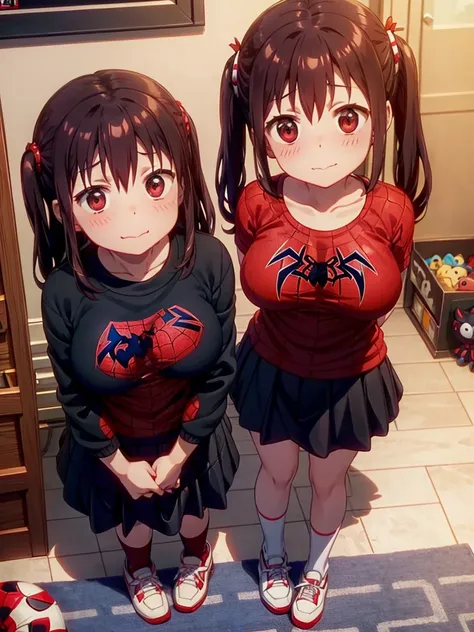 ebina standing standing standing in her room , wearing a black skirt , black and red sports shoes , spiderman t-shirtclassic , c...