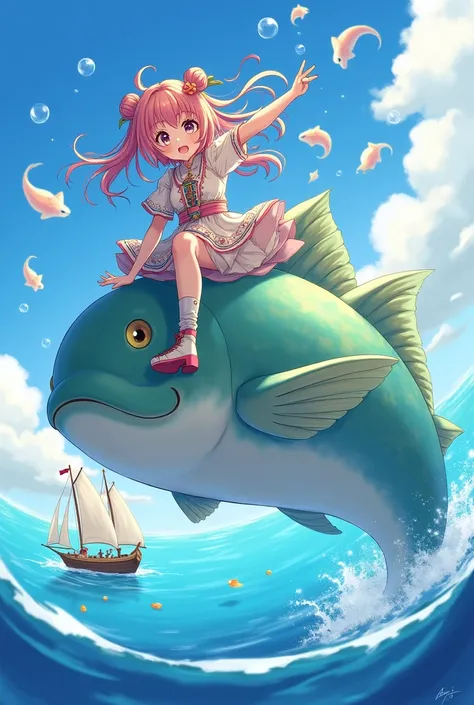 1 Girl, on top of a giant fish, flying in the sky, side view, one sailboat behind her, anime style, azur lane, bubbles, little fishes