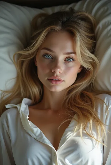 beautiful 20 year old woman with long blonde hair, blue eyes, high cheekbones, laying in bed in pajamas, detailed face, hyper realistic, photorealistic, 8k, high quality, intricate details, natural lighting, soft colors, warm tones, cinematic, digital pain...