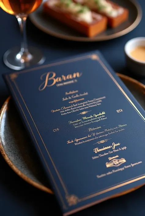 I want you to design a menu for a restaurant called Baran. The menu consists of two A4 pages, separated by a border, and the menu theme is navy blue with stylish and luxurious navy blue writings.