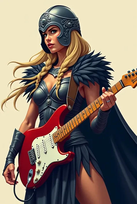 flat vector logo of a (((valkyrie))), she is 38 years old. She weares a valkeryie helmet and cape made out of raven feathers. She is blond, the hair on the rightside of her head is braided. She is holding a fender stratocaster in her left hand. (((full-bod...