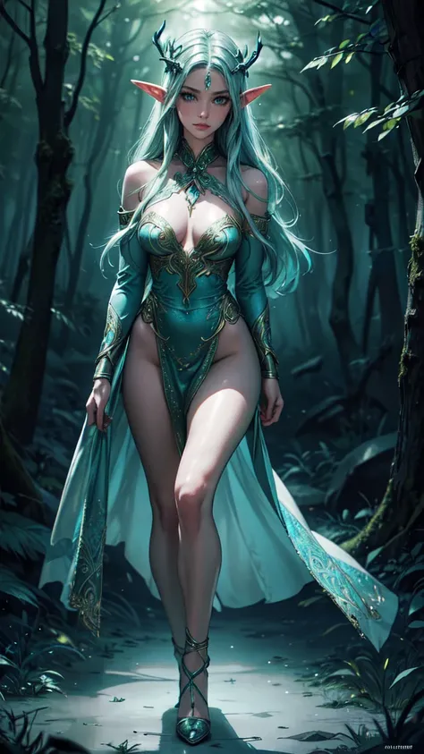 (best quality,4k,8k,highres,masterpiece:1.2),ultra-detailed,(realistic,photorealistic,photo-realistic:1.37),elf woman,detailed face,detailed eyes,dark fantasy,full body,naked,dense forest,mysterious atmosphere,dark and moody lighting,ethereal beauty,long f...