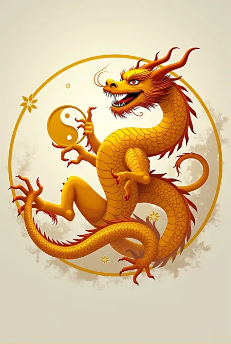 Circle symbol of country in 2D with 600×800 pixel size, in the middle is a five clawed four legged yellow dragon holding yin and yang in its hands symbolizing the Huaxia tribe ruling the world and there are no background color or decoration. 